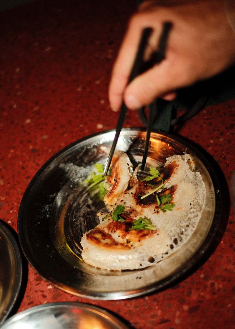Pan-fried chicken dumplings with their crisp lace